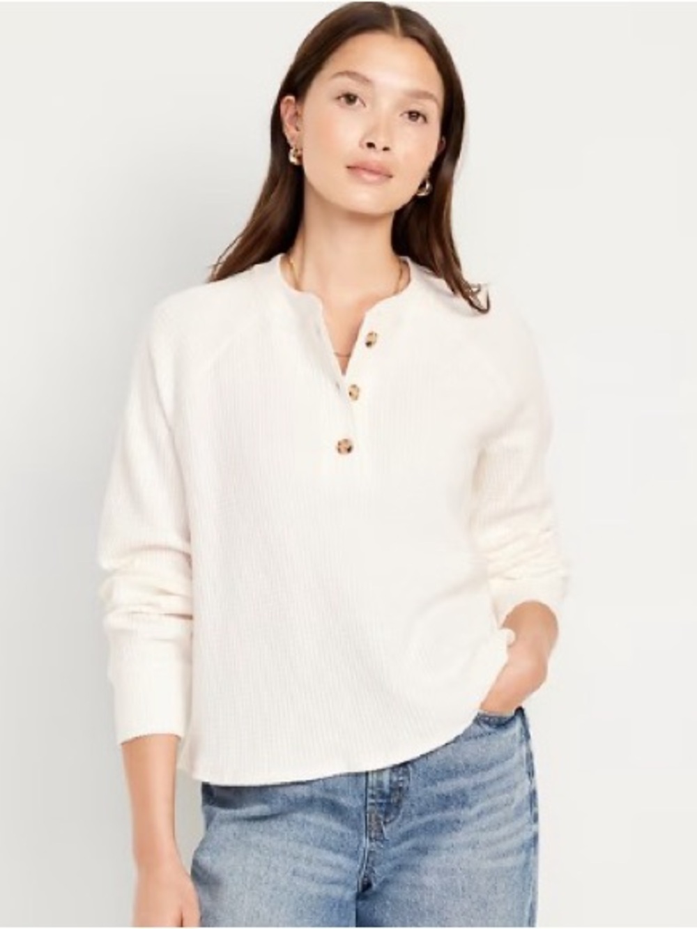 Old Navy Raglan Sleeve Waffle Knit Boxy Henley T-Shirt in Sea Salt